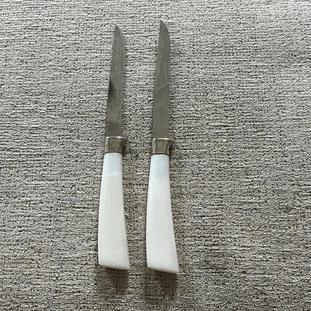 Vintage Forgecraft USA Steak Knives Set of 2 Pearlescent White Faux Pearl Handle